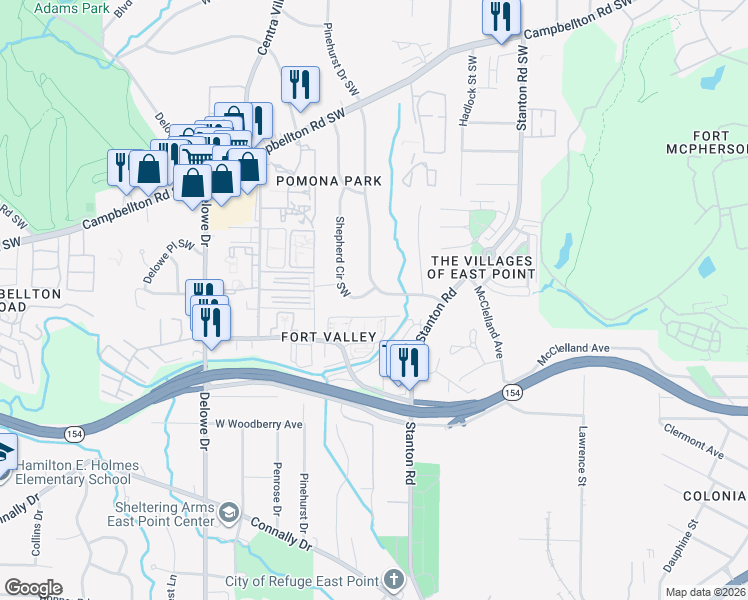 map of restaurants, bars, coffee shops, grocery stores, and more near 1937 Fort Valley Drive Southwest in Atlanta