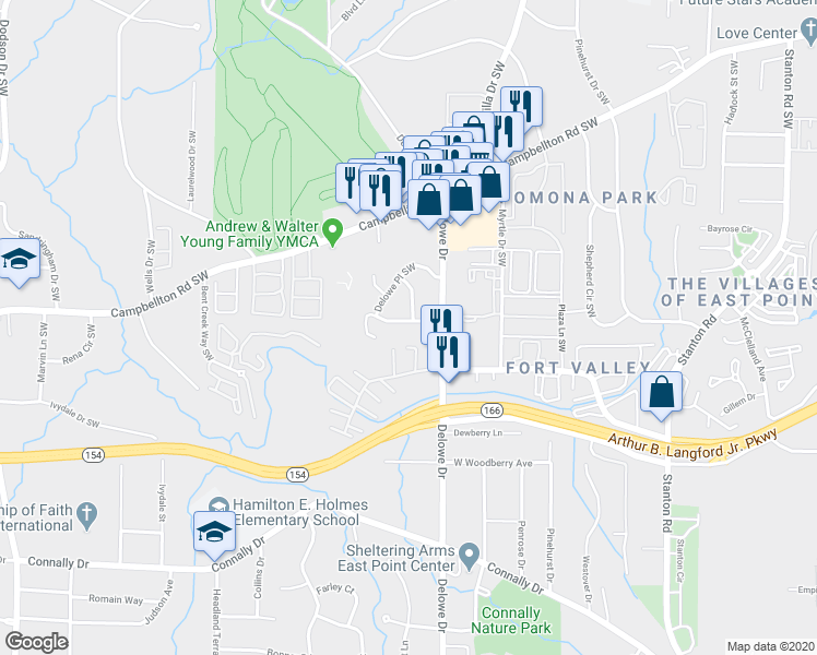 map of restaurants, bars, coffee shops, grocery stores, and more near 2150 Derby Drive Southwest in Atlanta
