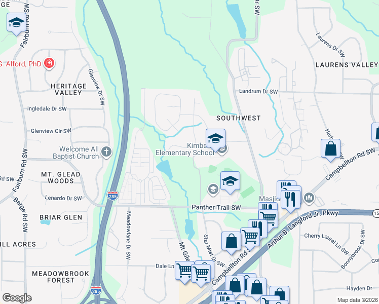 map of restaurants, bars, coffee shops, grocery stores, and more near 3192 Lovell Drive Southwest in Atlanta