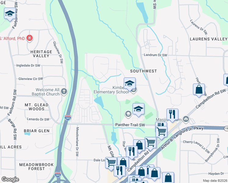 map of restaurants, bars, coffee shops, grocery stores, and more near 3192 Lovell Drive Southwest in Atlanta