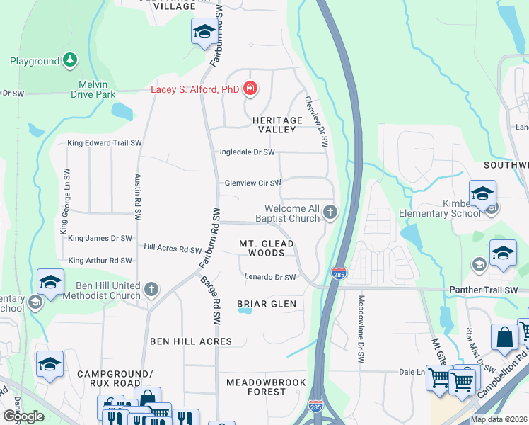 map of restaurants, bars, coffee shops, grocery stores, and more near 3521 Mount Gilead Road Southwest in Atlanta