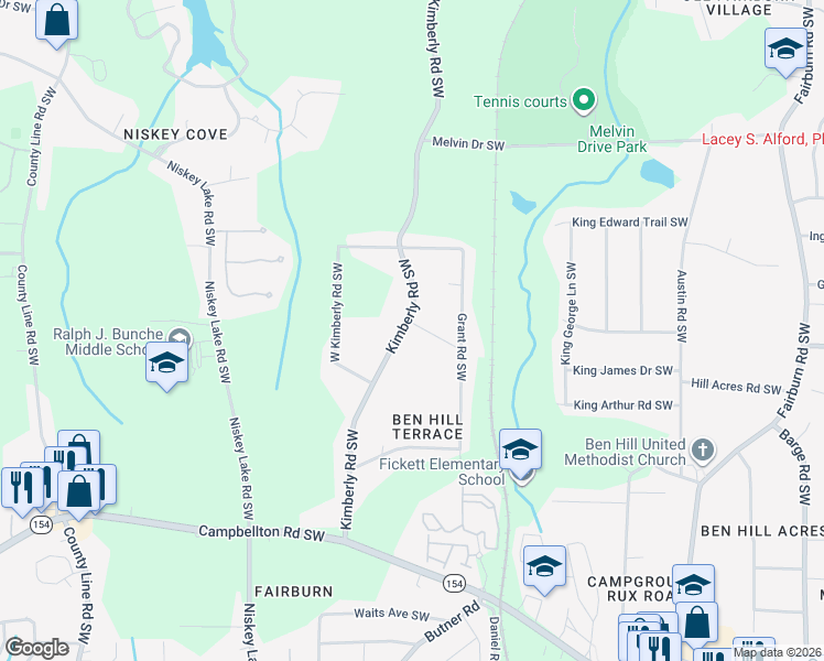 map of restaurants, bars, coffee shops, grocery stores, and more near 1918 Kimberly Road Southwest in Atlanta
