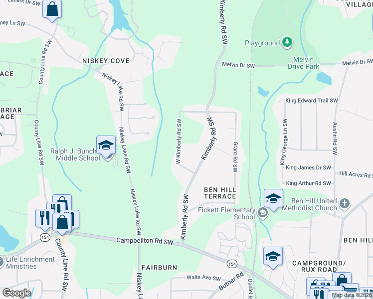 map of restaurants, bars, coffee shops, grocery stores, and more near 1960 West Kimberly Road Southwest in Atlanta