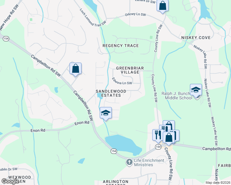 map of restaurants, bars, coffee shops, grocery stores, and more near 2323 Sandspring Drive Southwest in Atlanta