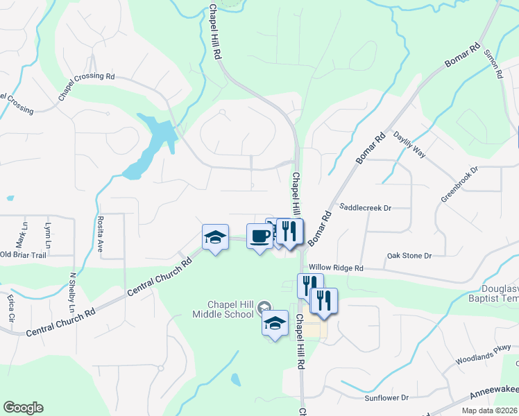 map of restaurants, bars, coffee shops, grocery stores, and more near 4388 Turnberry Court in Douglasville