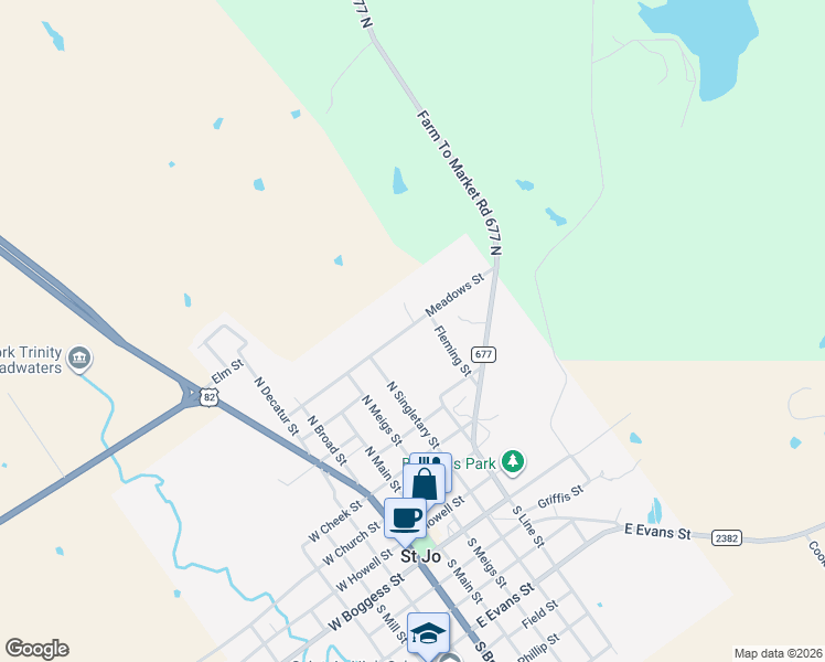 map of restaurants, bars, coffee shops, grocery stores, and more near 500 Meadows Street in Saint Jo
