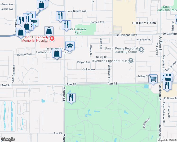 map of restaurants, bars, coffee shops, grocery stores, and more near 82235 Calico Avenue in Indio