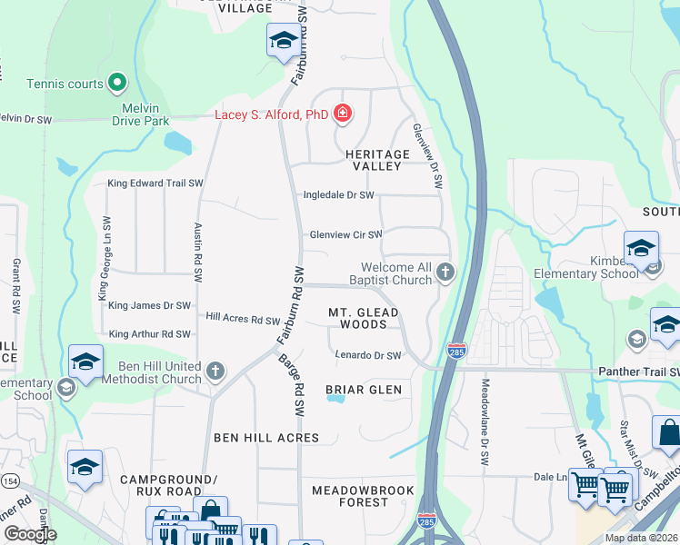 map of restaurants, bars, coffee shops, grocery stores, and more near 3521 Mount Gilead Road Southwest in Atlanta