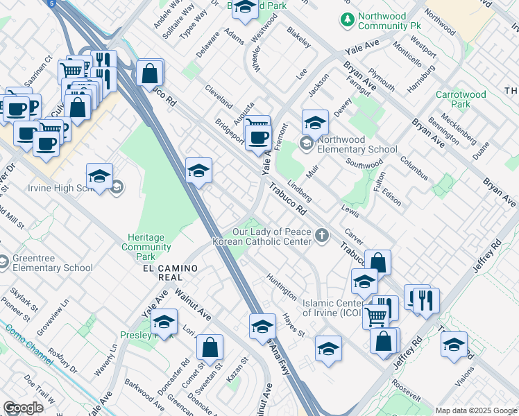 map of restaurants, bars, coffee shops, grocery stores, and more near 18 Antietam in Irvine