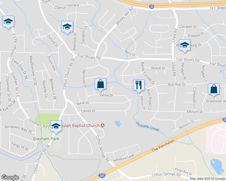 map of restaurants, bars, coffee shops, grocery stores, and more near 2888 Verna Court in Decatur