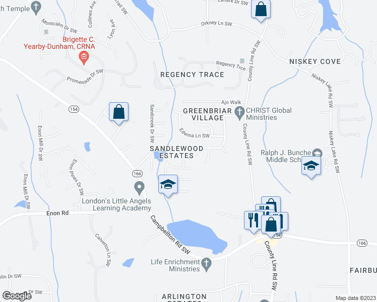 map of restaurants, bars, coffee shops, grocery stores, and more near 2323 Sandspring Drive Southwest in Atlanta