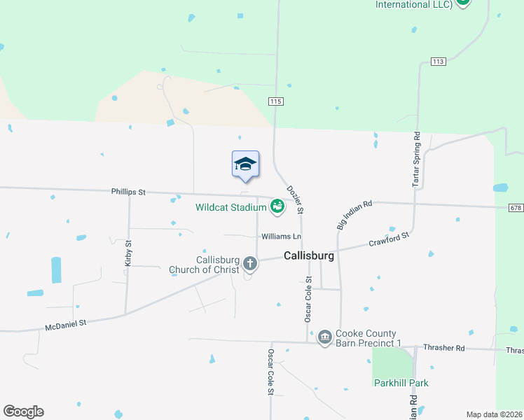 map of restaurants, bars, coffee shops, grocery stores, and more near 134 Phillips Street in Callisburg