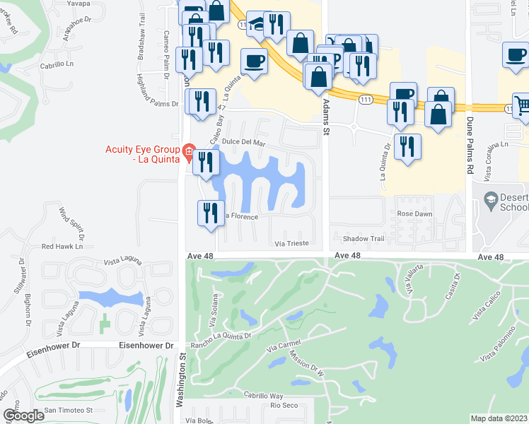 map of restaurants, bars, coffee shops, grocery stores, and more near 47740 Vía Montigo in La Quinta