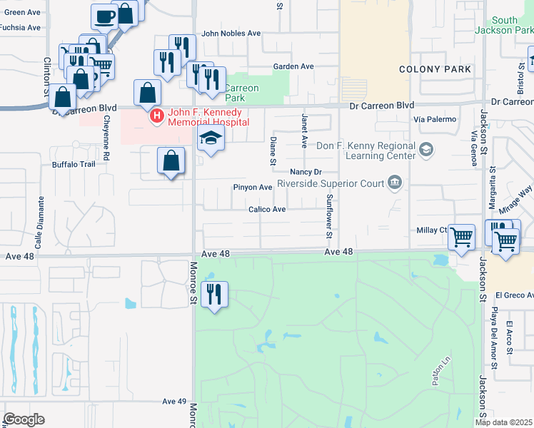 map of restaurants, bars, coffee shops, grocery stores, and more near 82235 Calico Avenue in Indio