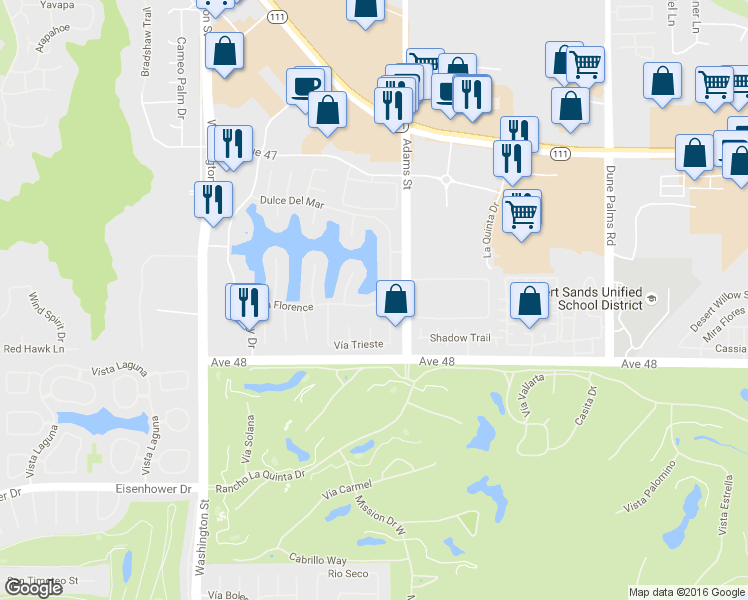 map of restaurants, bars, coffee shops, grocery stores, and more near 78960 Vía Florence in La Quinta