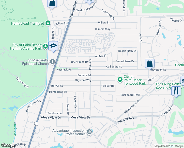 map of restaurants, bars, coffee shops, grocery stores, and more near 73010 Somera Road in Palm Desert