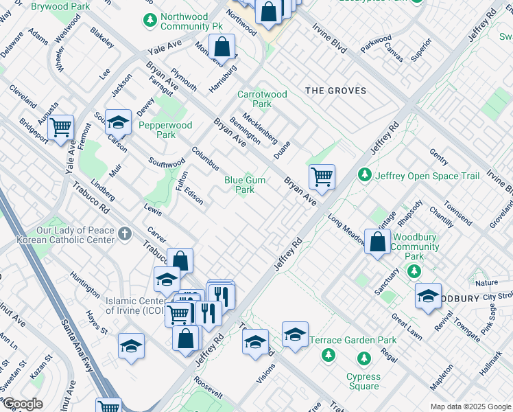 map of restaurants, bars, coffee shops, grocery stores, and more near 29 Antique Rose in Irvine
