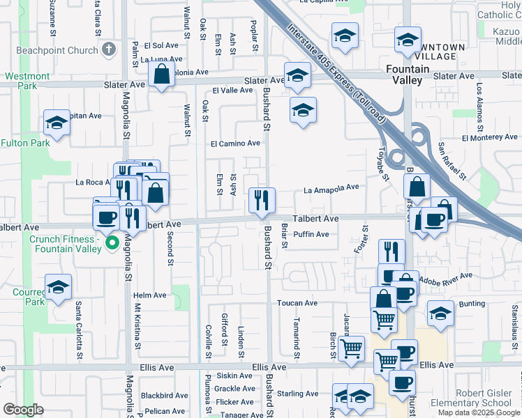 map of restaurants, bars, coffee shops, grocery stores, and more near 17967 Bushard Street in Fountain Valley