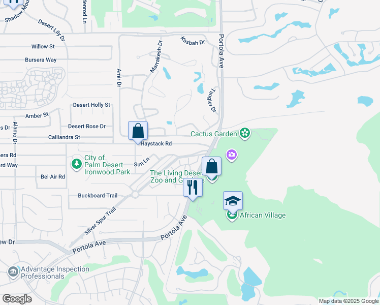map of restaurants, bars, coffee shops, grocery stores, and more near 47550 Silver Spur Trail in Palm Desert