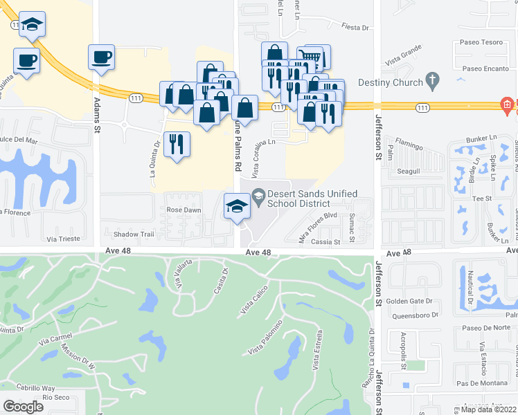 map of restaurants, bars, coffee shops, grocery stores, and more near 47-950 Dune Palms Road in La Quinta