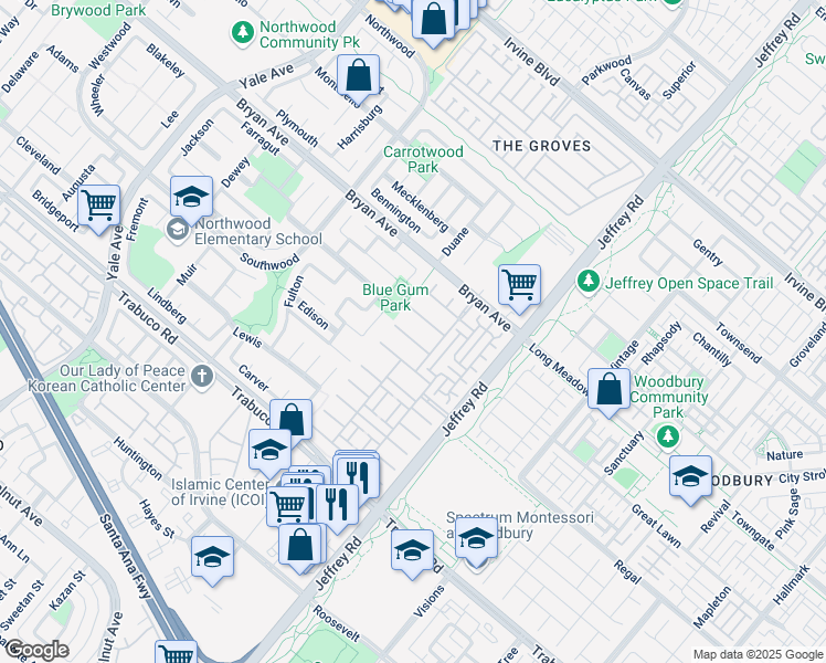 map of restaurants, bars, coffee shops, grocery stores, and more near 29 Antique Rose in Irvine