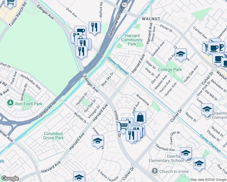 map of restaurants, bars, coffee shops, grocery stores, and more near 328 Flyers Lane in Tustin