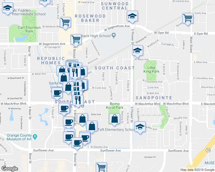 map of restaurants, bars, coffee shops, grocery stores, and more near 1009 West Curie Avenue in Santa Ana