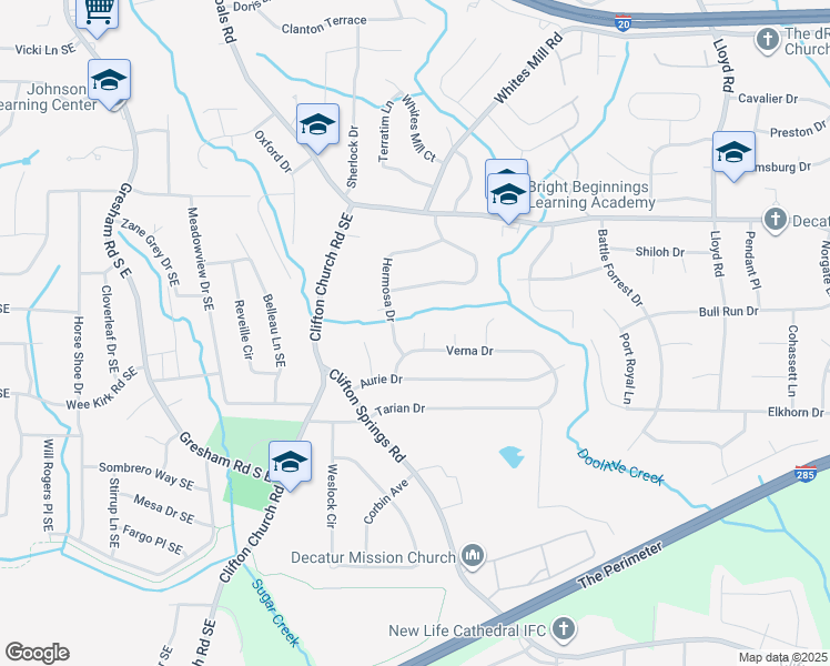 map of restaurants, bars, coffee shops, grocery stores, and more near 2891 Tipany Court in Decatur