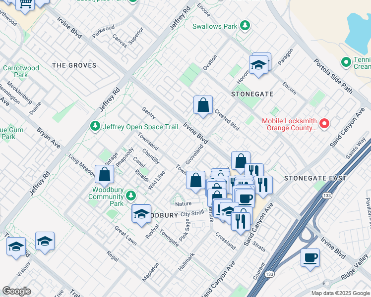 map of restaurants, bars, coffee shops, grocery stores, and more near 213 Simplicity in Irvine