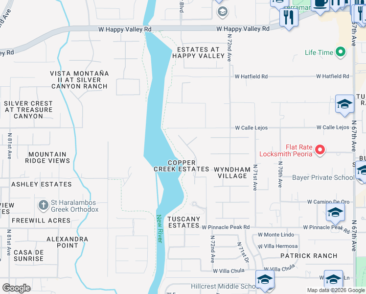 map of restaurants, bars, coffee shops, grocery stores, and more near 24008 North 73rd Lane in Peoria