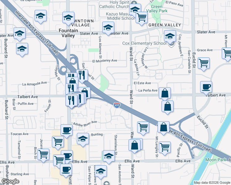 map of restaurants, bars, coffee shops, grocery stores, and more near 10376 La Despensa Avenue in Fountain Valley