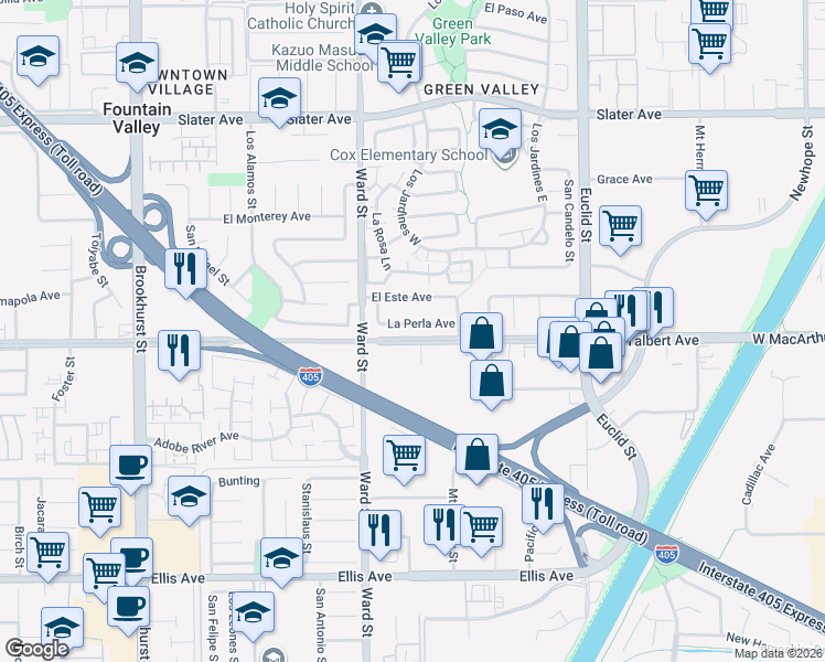 map of restaurants, bars, coffee shops, grocery stores, and more near 10614 La Perla Avenue in Fountain Valley