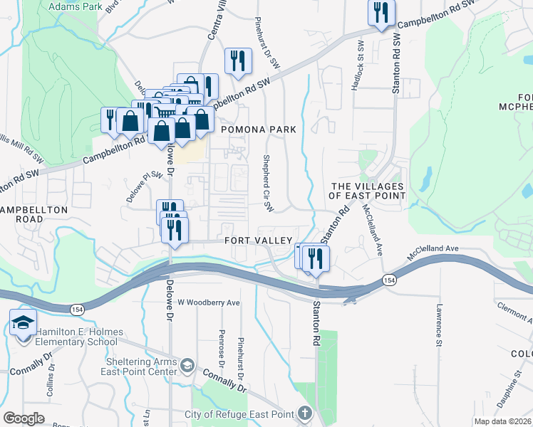map of restaurants, bars, coffee shops, grocery stores, and more near 1931 Shepherd Circle Southwest in Atlanta
