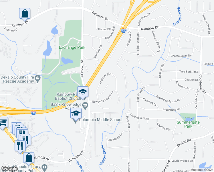 map of restaurants, bars, coffee shops, grocery stores, and more near 3481 Newberry Trail in Decatur