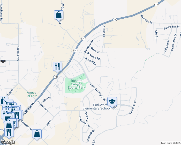 map of restaurants, bars, coffee shops, grocery stores, and more near 45037 Bronze Star Road in Lake Elsinore