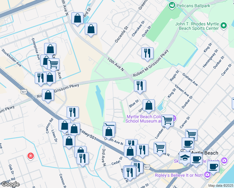 map of restaurants, bars, coffee shops, grocery stores, and more near 970 Canal Street in Myrtle Beach
