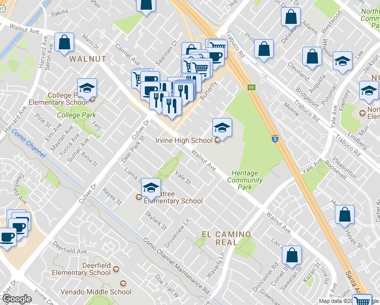 map of restaurants, bars, coffee shops, grocery stores, and more near 4251 Fireside Circle in Irvine