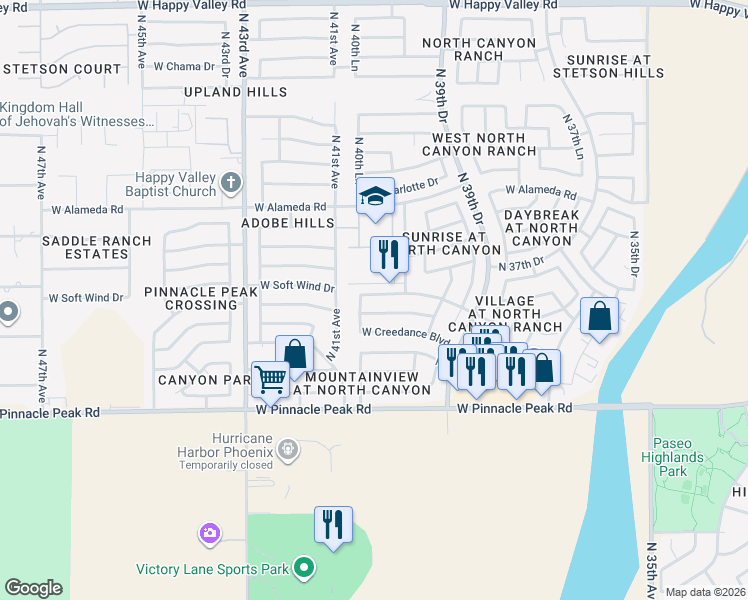 map of restaurants, bars, coffee shops, grocery stores, and more near 23806 North 40th Lane in Glendale