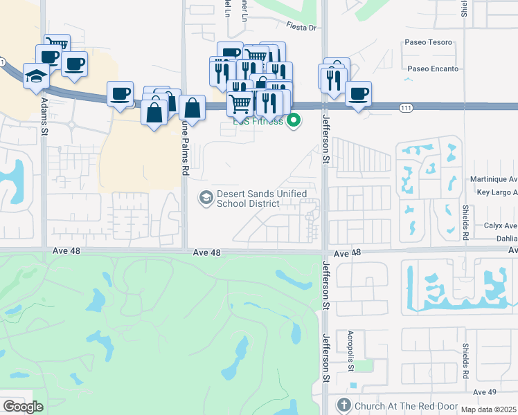 map of restaurants, bars, coffee shops, grocery stores, and more near 79760 Desert Willow Street in La Quinta