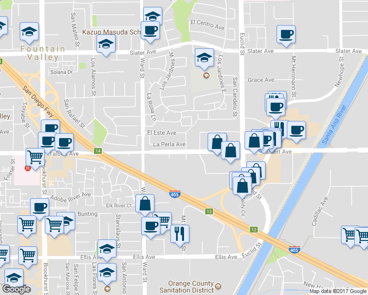 map of restaurants, bars, coffee shops, grocery stores, and more near 10696 La Perla Avenue in Fountain Valley