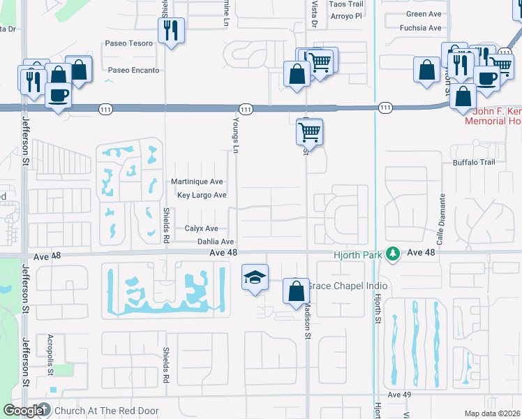 map of restaurants, bars, coffee shops, grocery stores, and more near 80741 Desert Spur Drive in Indio