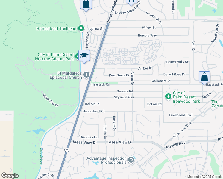map of restaurants, bars, coffee shops, grocery stores, and more near 72850 Somera Road in Palm Desert
