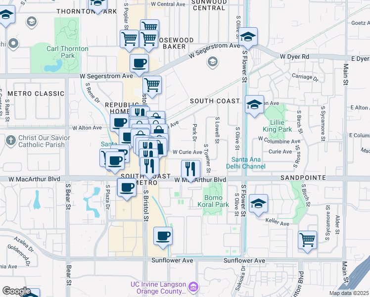 map of restaurants, bars, coffee shops, grocery stores, and more near 1117 West Curie Avenue in Santa Ana