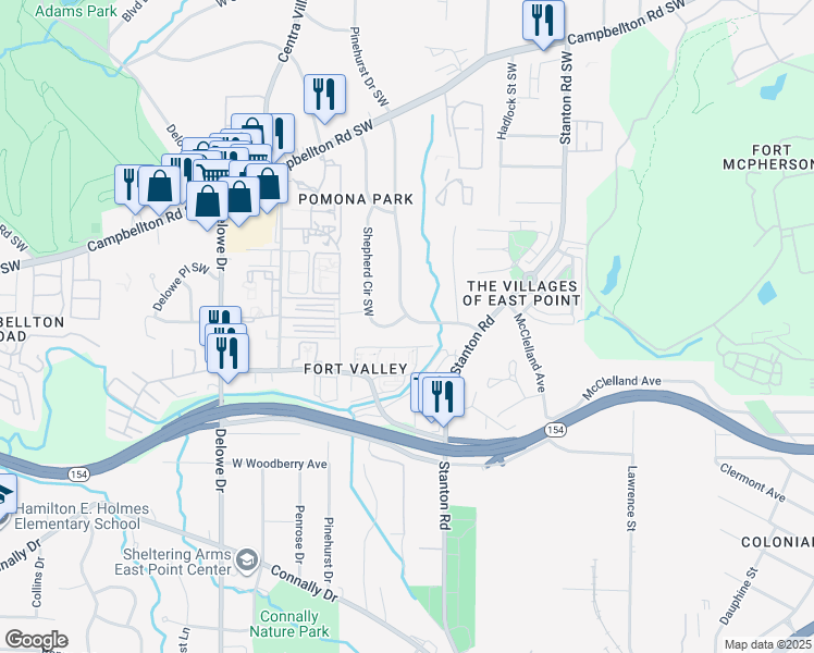 map of restaurants, bars, coffee shops, grocery stores, and more near 1937 Fort Valley Drive Southwest in Atlanta
