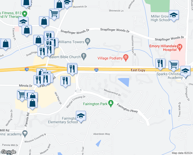 map of restaurants, bars, coffee shops, grocery stores, and more near 62 Place Fontaine in Lithonia