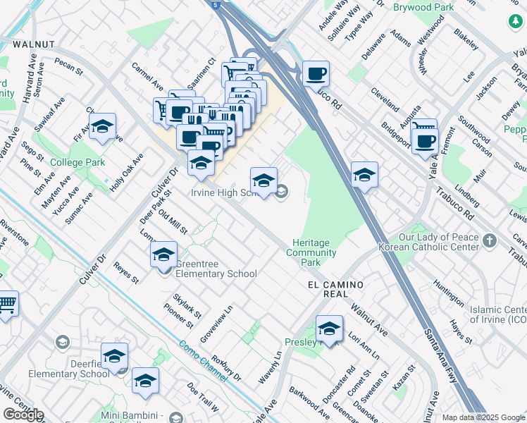 map of restaurants, bars, coffee shops, grocery stores, and more near 4321 Walnut Avenue in Irvine