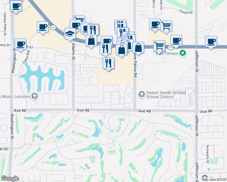 map of restaurants, bars, coffee shops, grocery stores, and more near 79324 Rose Dawn in La Quinta
