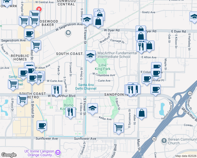 map of restaurants, bars, coffee shops, grocery stores, and more near 605 Curie Avenue in Santa Ana