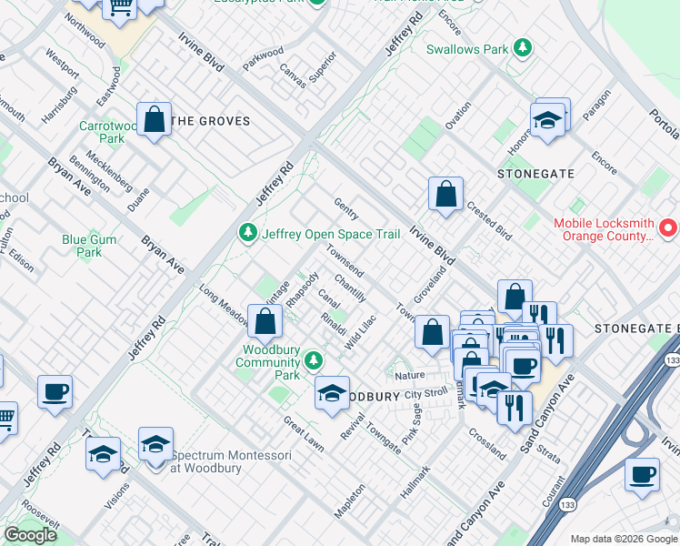 map of restaurants, bars, coffee shops, grocery stores, and more near 65 Chantilly in Irvine