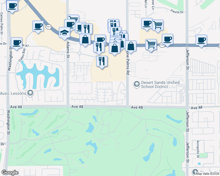 map of restaurants, bars, coffee shops, grocery stores, and more near 79348 Rose Dawn in La Quinta